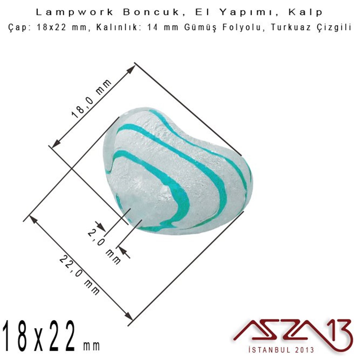 Turkuaz, Kalp, 18x22 mm Lampwork Boncuk / Paket İçeriği 2 Adet