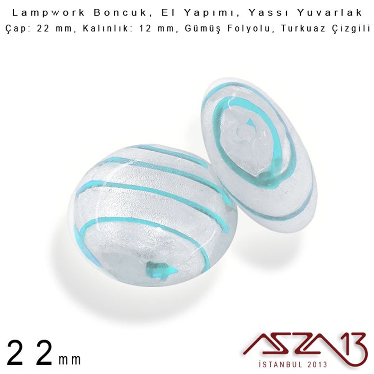 Turkuaz, Yassı Yuvarlak, 22 mm Lampwork Boncuk / Paket İçeriği 3 Adet