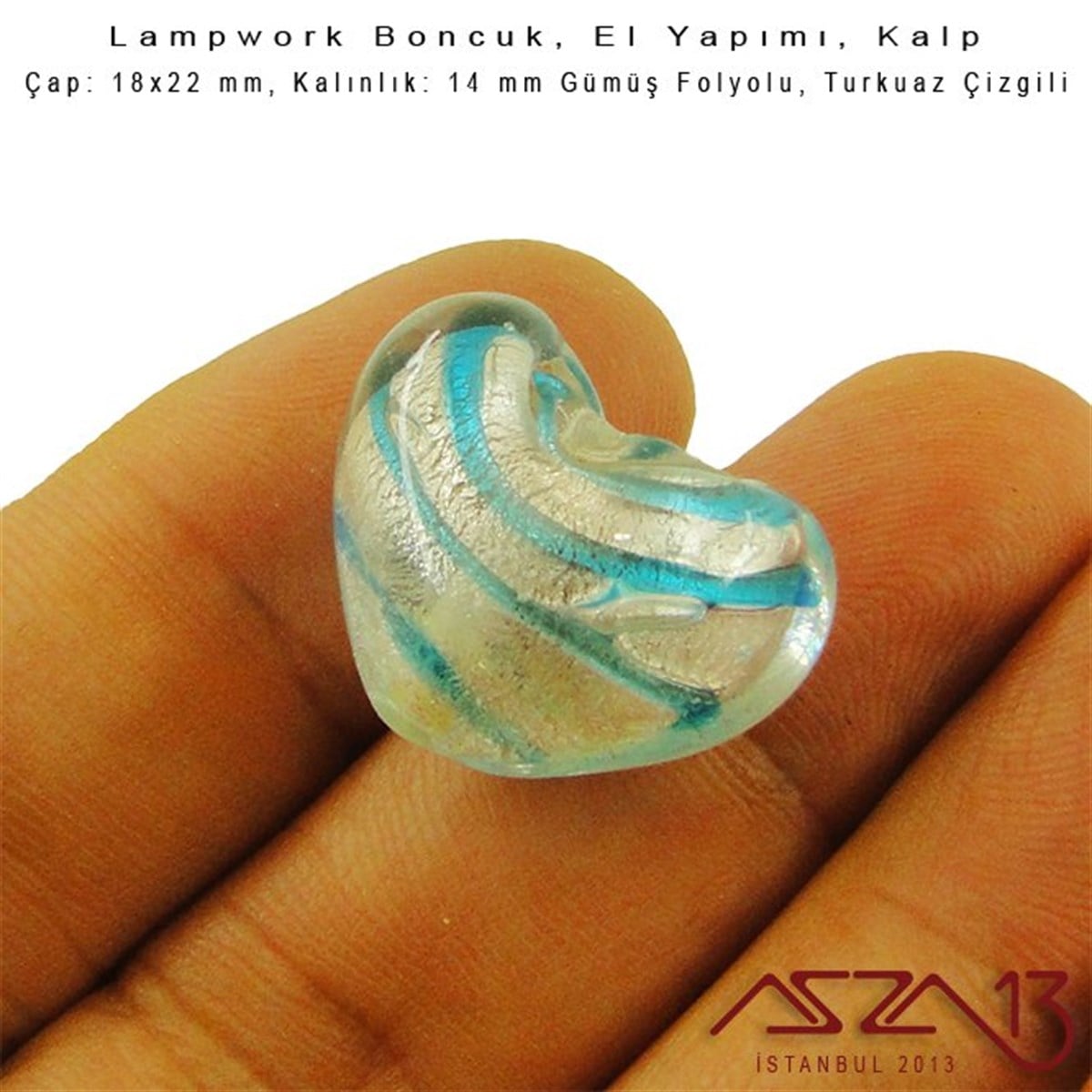 Turkuaz, Kalp, 18x22 mm Lampwork Boncuk / Paket İçeriği 2 Adet