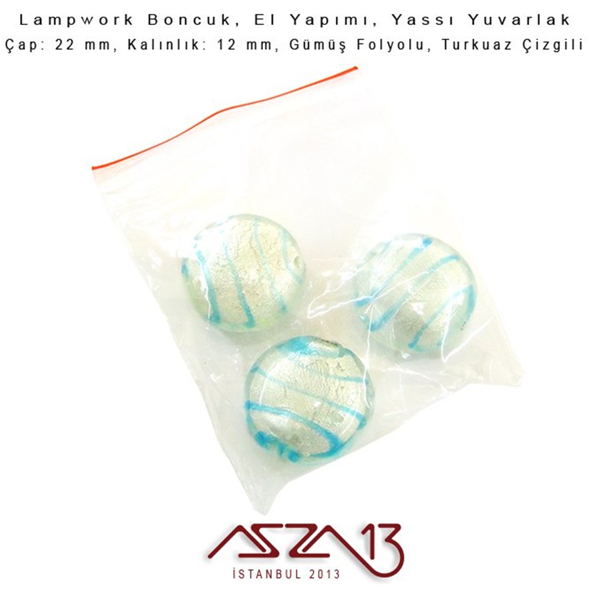 Turkuaz, Yassı Yuvarlak, 22 mm Lampwork Boncuk / Paket İçeriği 3 Adet
