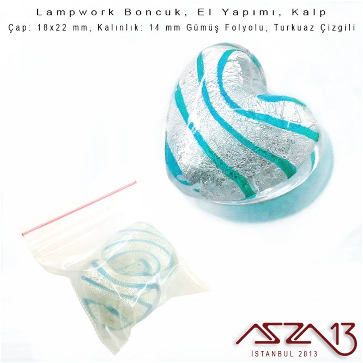Turkuaz, Kalp, 18x22 mm Lampwork Boncuk / Paket İçeriği 2 Adet