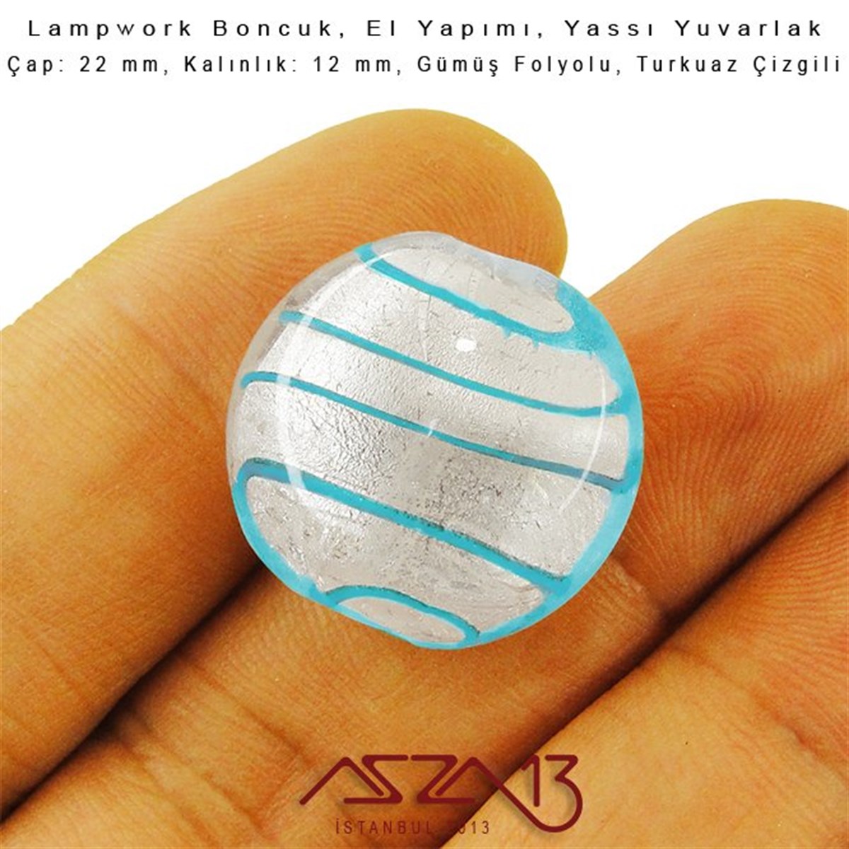 Turkuaz, Yassı Yuvarlak, 22 mm Lampwork Boncuk / Paket İçeriği 3 Adet