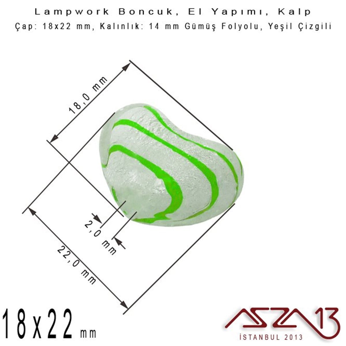 Yeşil, Kalp, 18x22 mm Lampwork Boncuk / Paket İçeriği 2 Adet