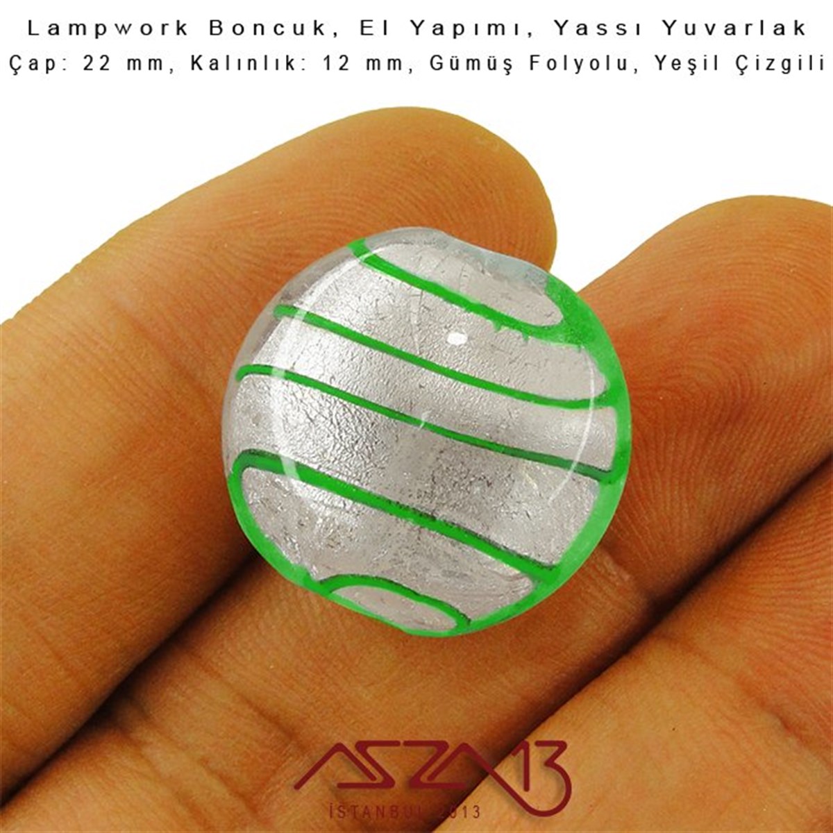 Yeşil, Yassı Yuvarlak, 22 mm Lampwork Boncuk / Paket İçeriği 3 Adet