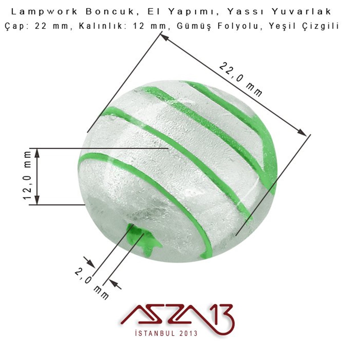 Yeşil, Yassı Yuvarlak, 22 mm Lampwork Boncuk / Paket İçeriği 3 Adet