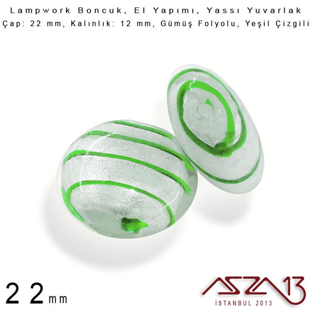 Yeşil, Yassı Yuvarlak, 22 mm Lampwork Boncuk / Paket İçeriği 3 Adet