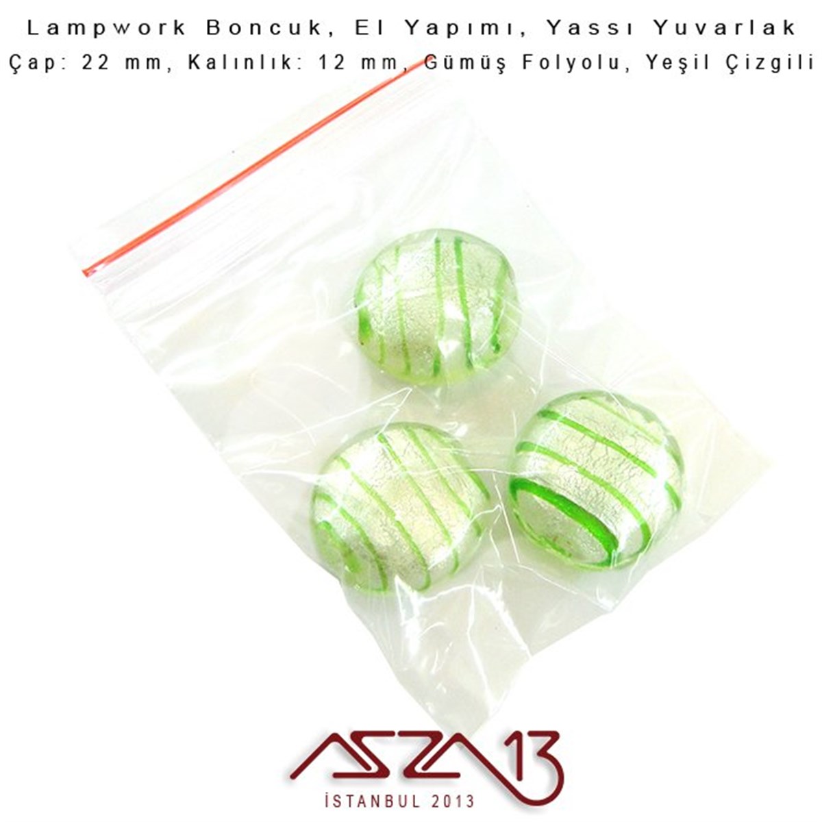 Yeşil, Yassı Yuvarlak, 22 mm Lampwork Boncuk / Paket İçeriği 3 Adet