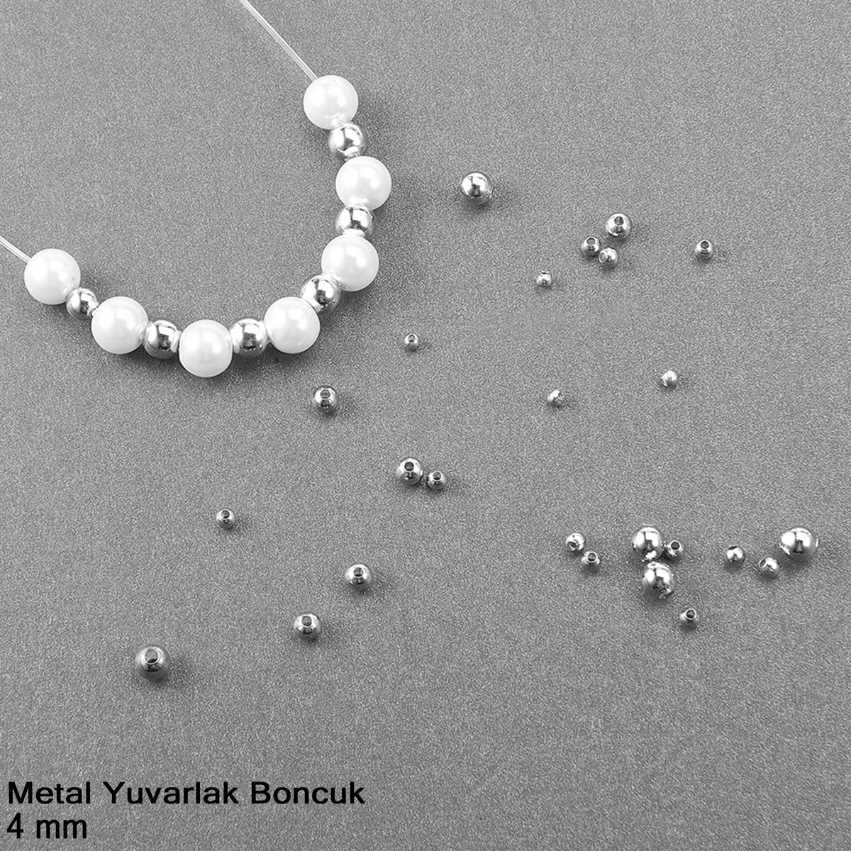 Metal Boncuk - Yuvarlak - 4 mm - Gümüş Kaplama / 50 Adet