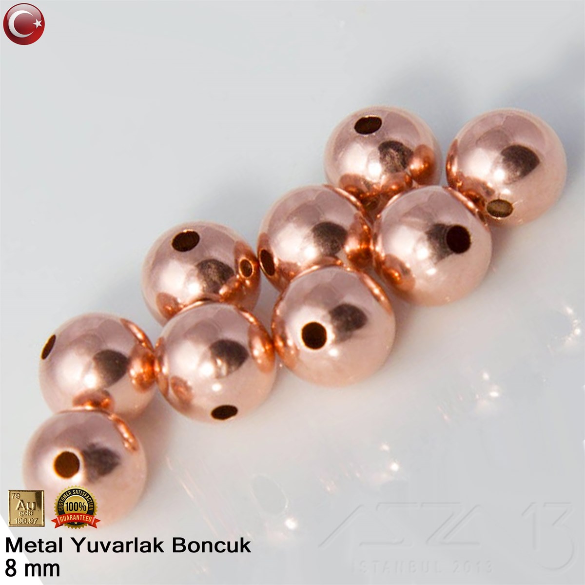 Metal Boncuk - Yuvarlak - 8 mm - Gerçek Rose Altın Kaplama / 10 Adet