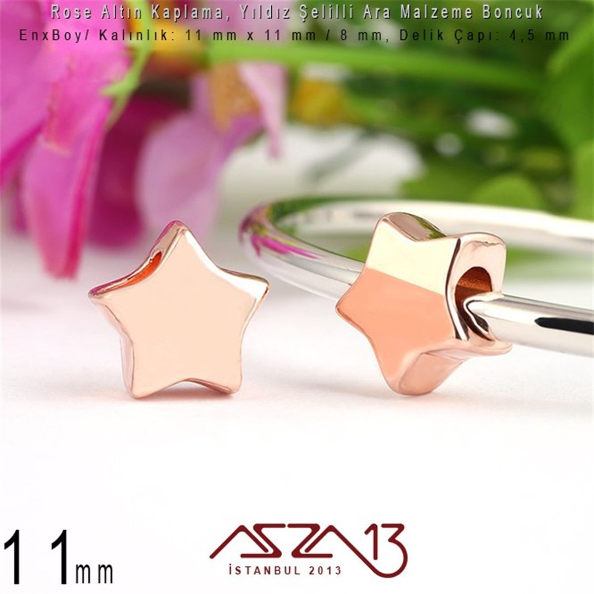 Rose Altın Kaplama - Yıldız 11 mm - Metal Boncuk Ara Malzeme  / 1 Adet