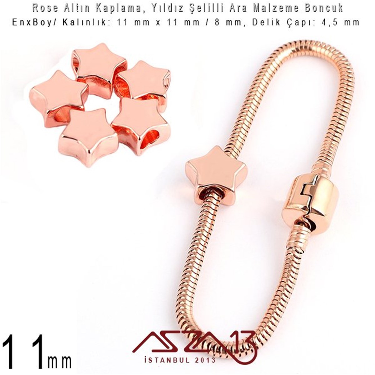 Rose Altın Kaplama - Yıldız 11 mm - Metal Boncuk Ara Malzeme  / 1 Adet