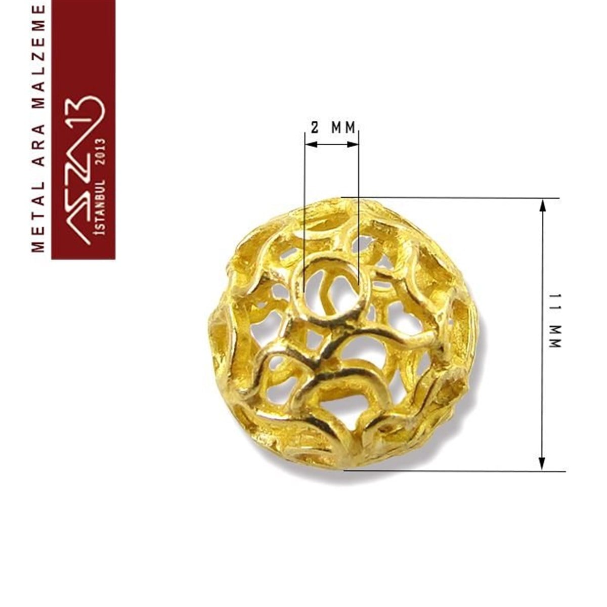 Altın Kaplamalı, 11 mm Telkari Top Pirinç Ara Malzeme / Paket İçeriği 1 Adet