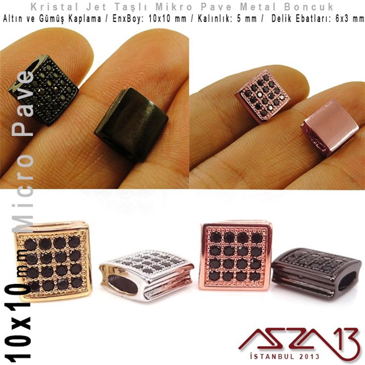 Altın / Gümüş Kaplama, Jet Kristal Taşlı 7 mm Micro Pave Kare Boncuk / Paket İçeriği 1 Adet