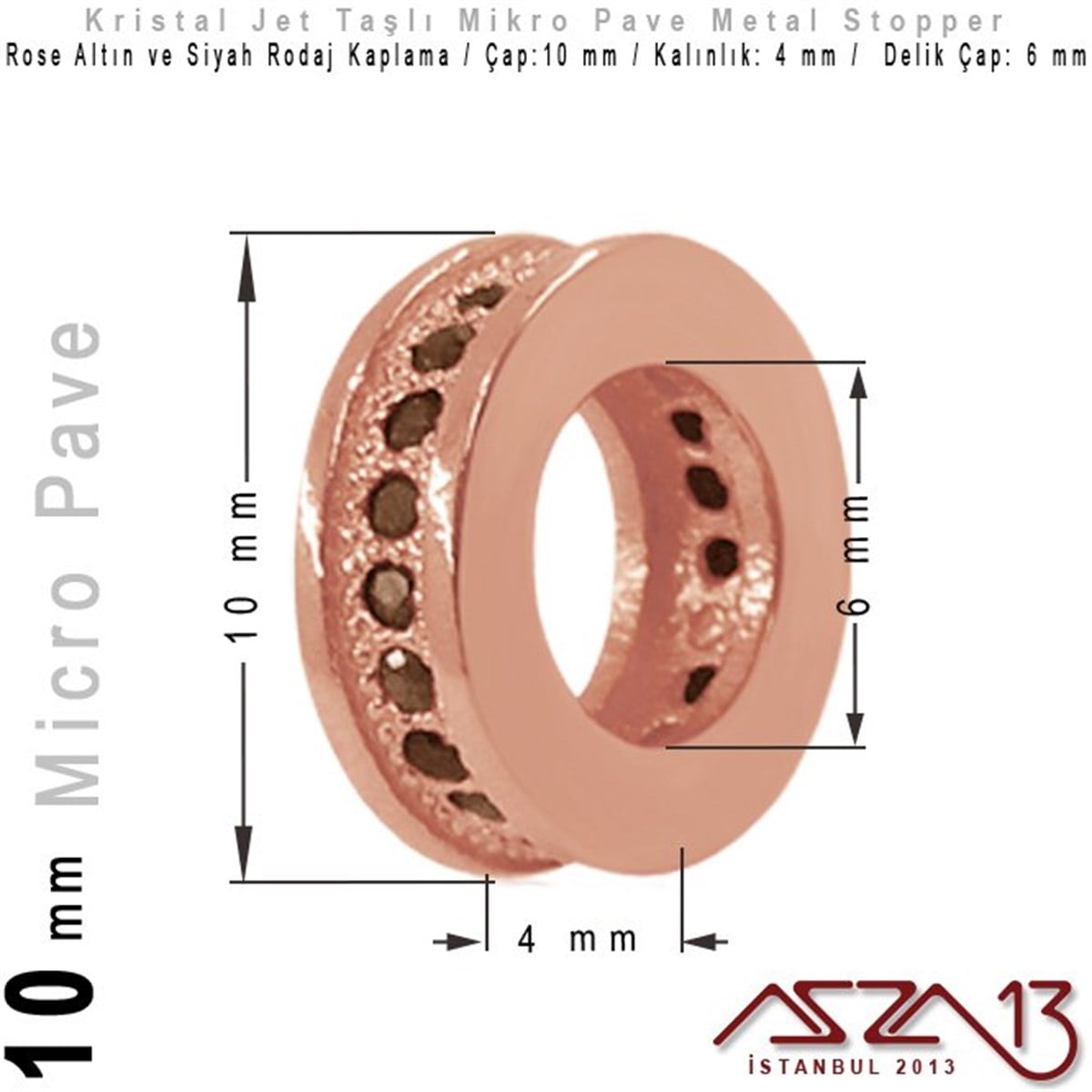 Rose Altın / Siyah Rodaj Kaplama, Jet Kristal Taşlı 10 mm Micro Pave Stopper / Paket İçeriği 1 Adet