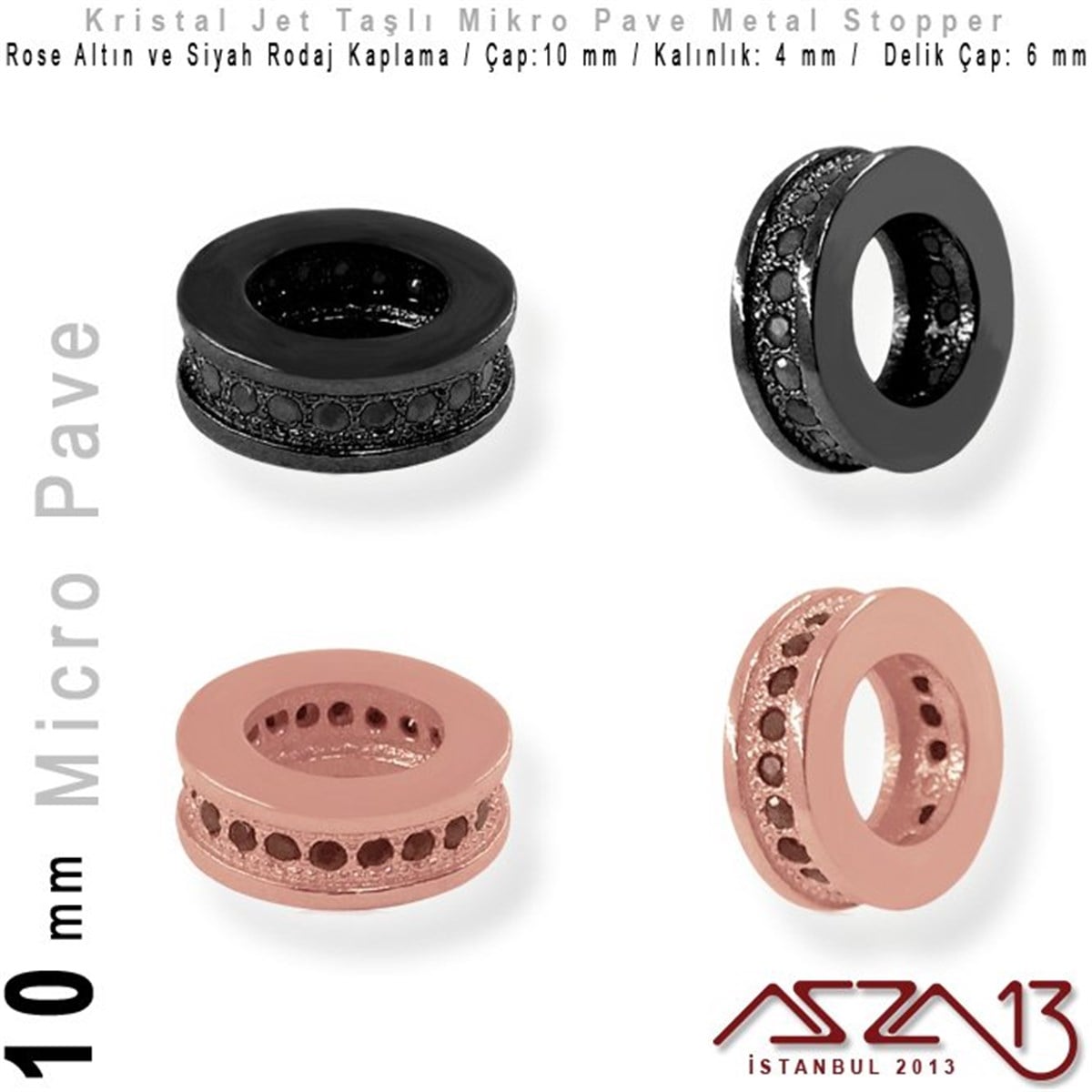 Rose Altın / Siyah Rodaj Kaplama, Jet Kristal Taşlı 10 mm Micro Pave Stopper / Paket İçeriği 1 Adet