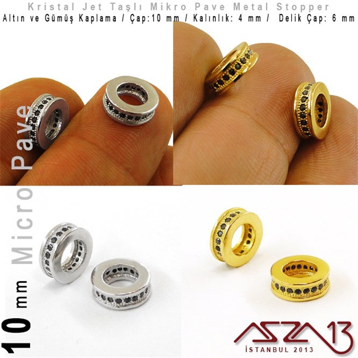 Altın / Gümüş Kaplama, Jet Kristal Taşlı 10 mm Micro Pave Stopper / Paket İçeriği 1 Adet
