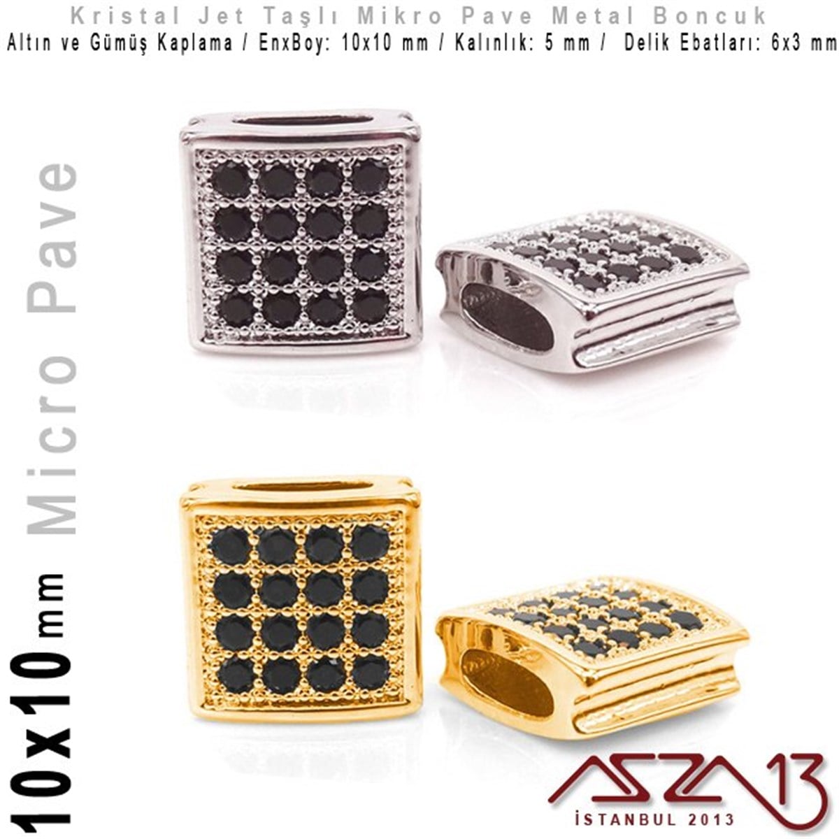 Altın / Gümüş Kaplama, Jet Kristal Taşlı 7 mm Micro Pave Kare Boncuk / Paket İçeriği 1 Adet
