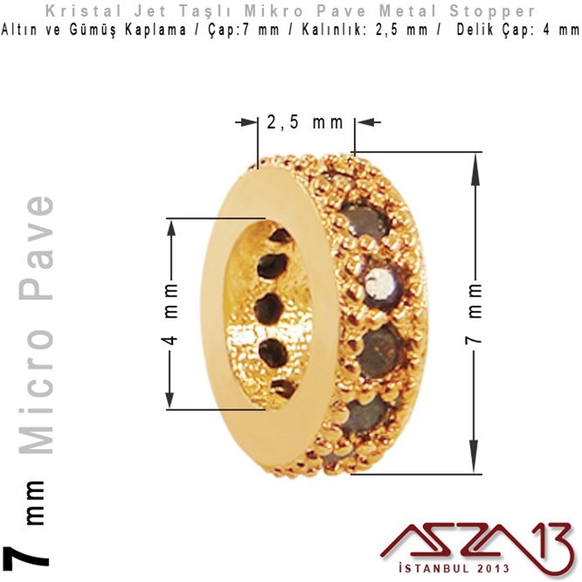 Altın / Gümüş Kaplama, Jet Kristal Taşlı 7 mm Micro Pave Stopper / Paket İçeriği 1 Adet