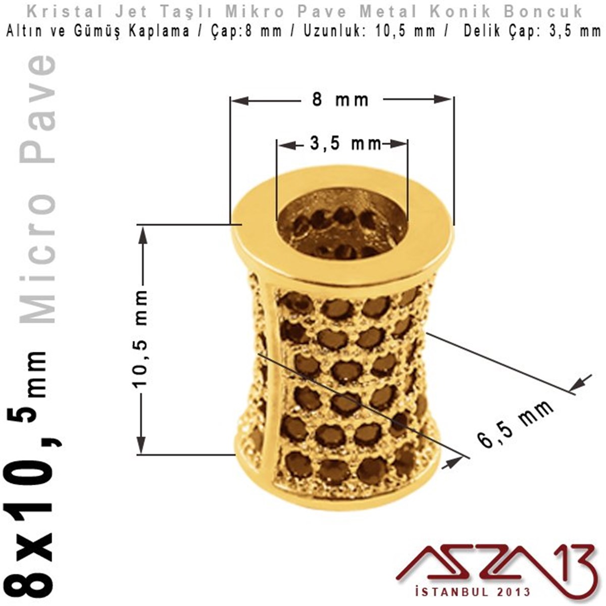 Altın / Gümüş Kaplama, Jet Kristal Taşlı 10,5 mm Micro Pave Mekik Boncuk / Paket İçeriği 1 Adet