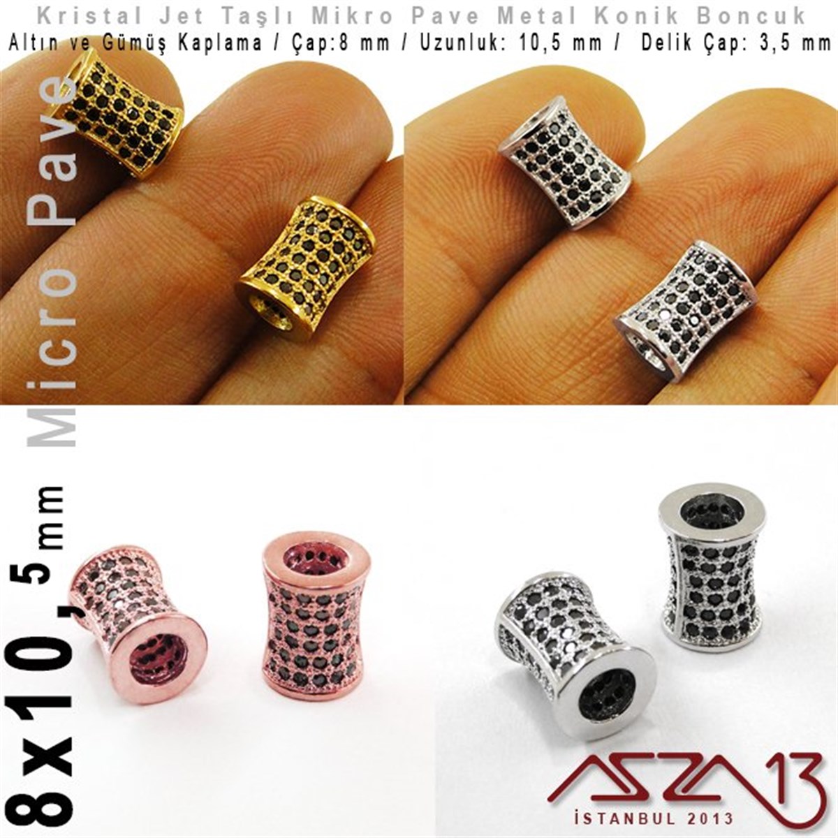 Altın / Gümüş Kaplama, Jet Kristal Taşlı 10,5 mm Micro Pave Mekik Boncuk / Paket İçeriği 1 Adet