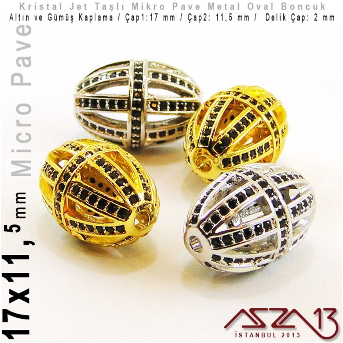 Altın / Gümüş Kaplama, Jet Kristal Taşlı 17 mm Micro Pave Oval Fligran Boncuk / Paket İçeriği 1 Adet
