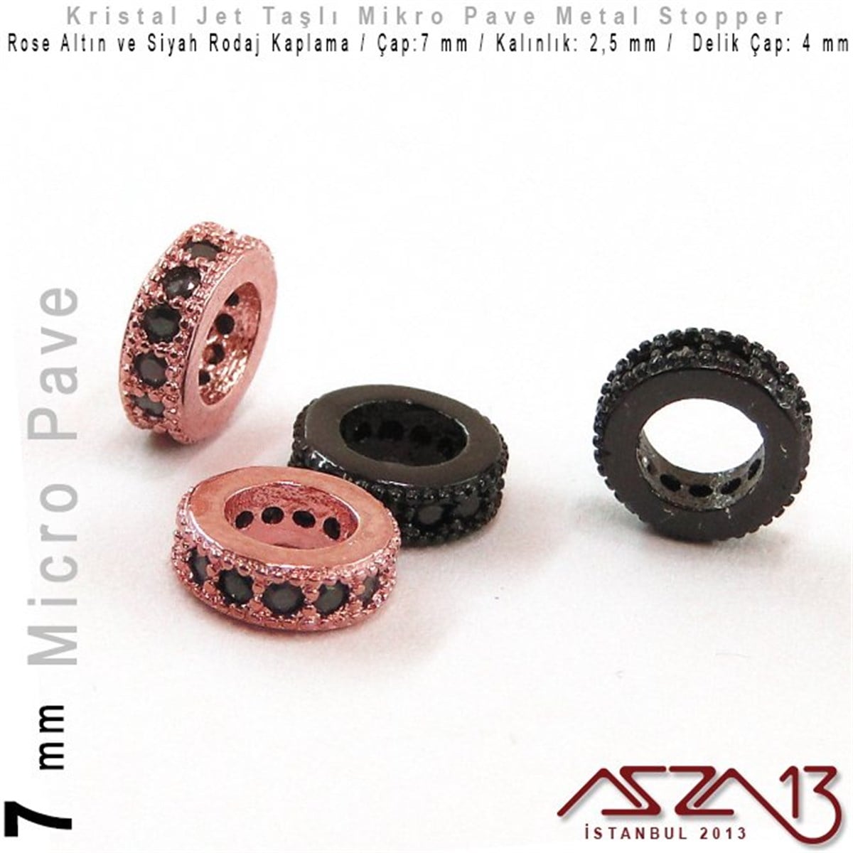 Rose Altın / Siyah Rodaj Kaplama, Jet Kristal Taşlı 7 mm Micro Pave Stopper / Paket İçeriği 1 Adet