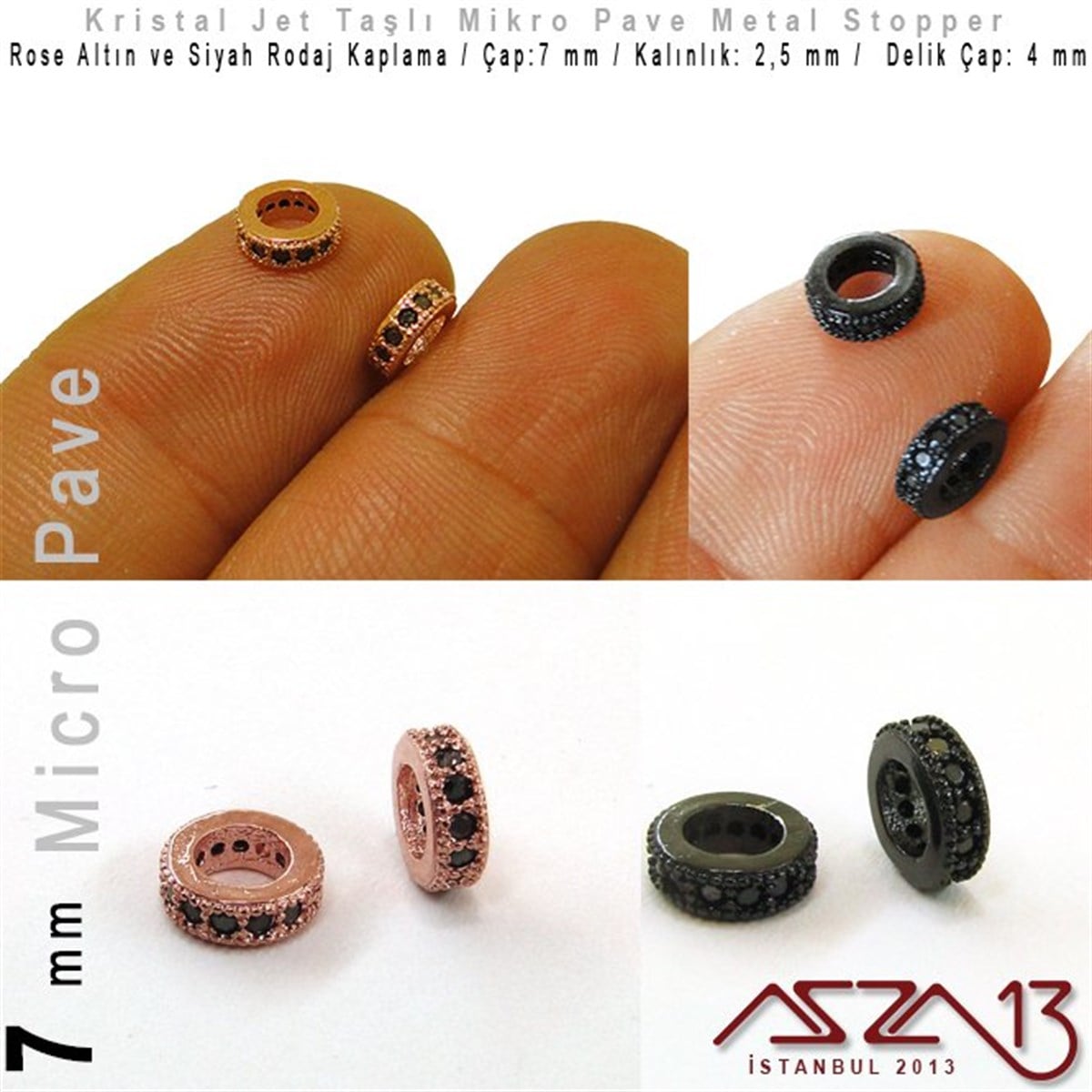 Rose Altın / Siyah Rodaj Kaplama, Jet Kristal Taşlı 7 mm Micro Pave Stopper / Paket İçeriği 1 Adet