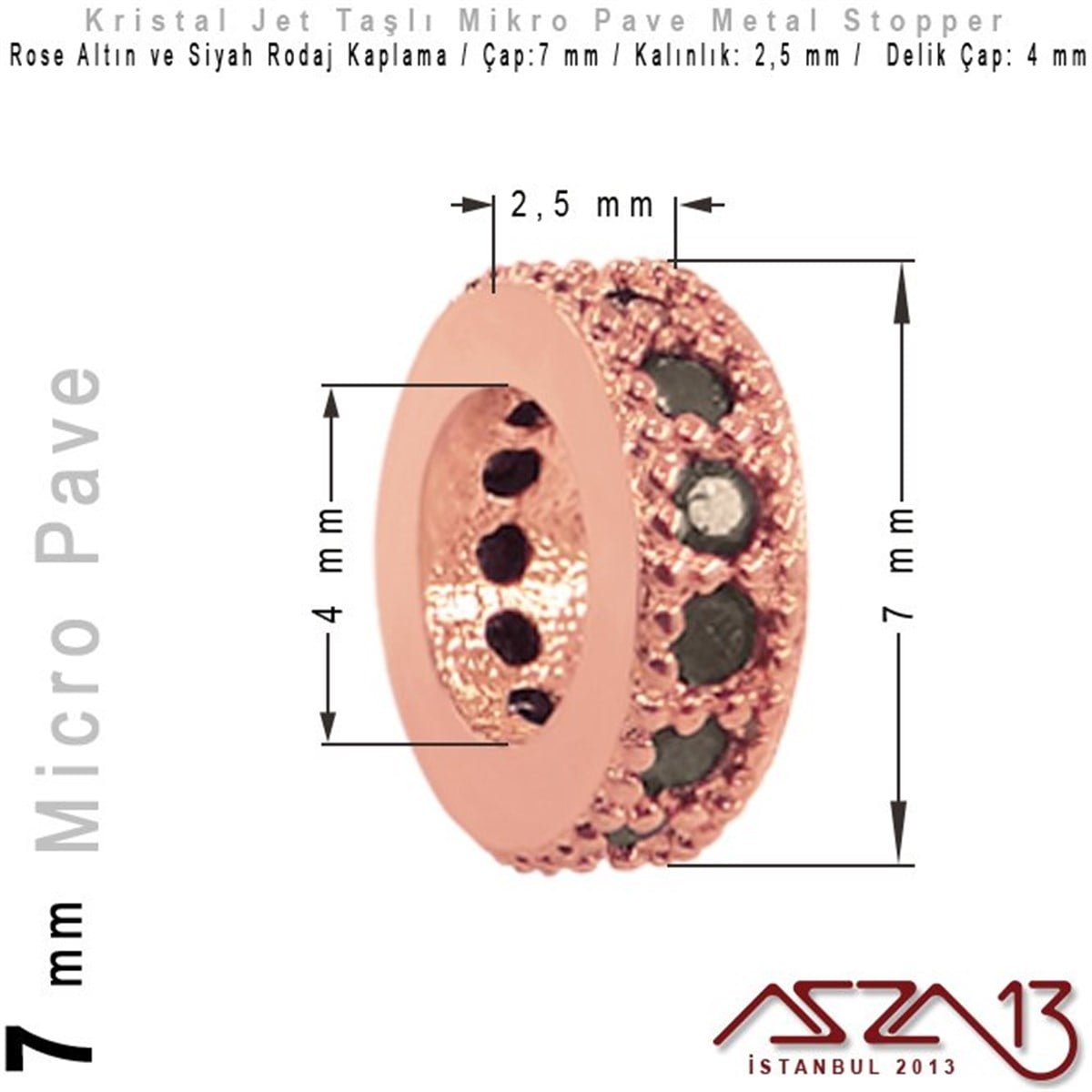 Rose Altın / Siyah Rodaj Kaplama, Jet Kristal Taşlı 7 mm Micro Pave Stopper / Paket İçeriği 1 Adet