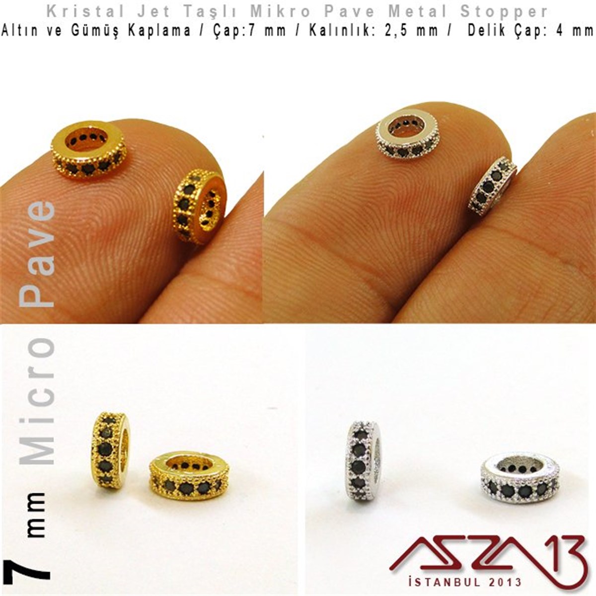 Altın / Gümüş Kaplama, Jet Kristal Taşlı 7 mm Micro Pave Stopper / Paket İçeriği 1 Adet