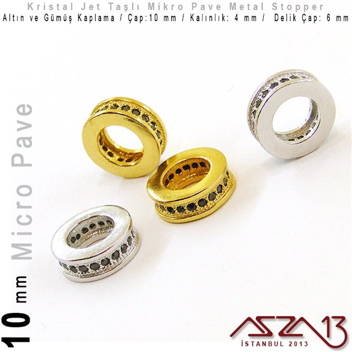 Altın / Gümüş Kaplama, Jet Kristal Taşlı 10 mm Micro Pave Stopper / Paket İçeriği 1 Adet