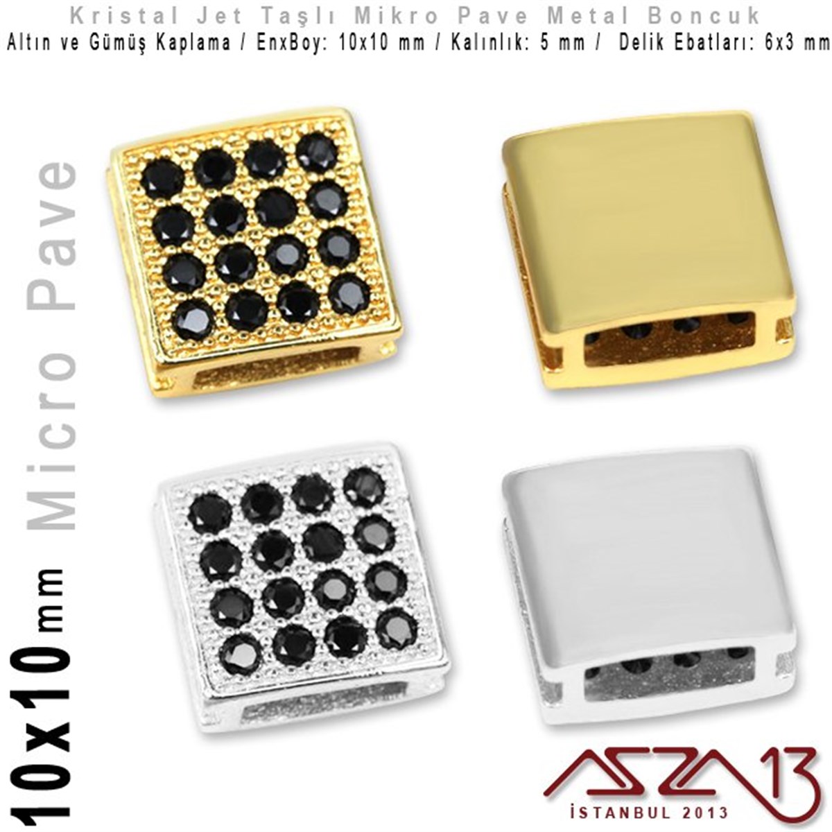 Altın / Gümüş Kaplama, Jet Kristal Taşlı 7 mm Micro Pave Kare Boncuk / Paket İçeriği 1 Adet