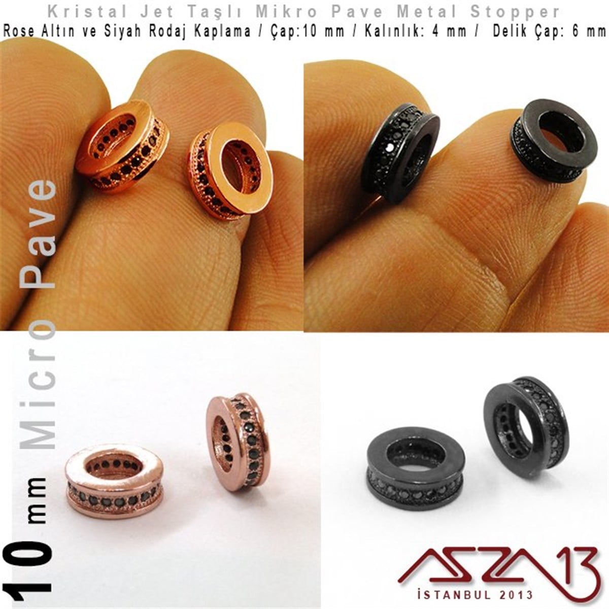 Rose Altın / Siyah Rodaj Kaplama, Jet Kristal Taşlı 10 mm Micro Pave Stopper / Paket İçeriği 1 Adet