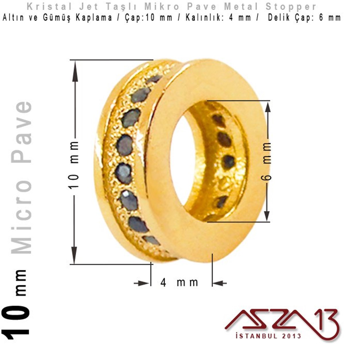 Altın / Gümüş Kaplama, Jet Kristal Taşlı 10 mm Micro Pave Stopper / Paket İçeriği 1 Adet