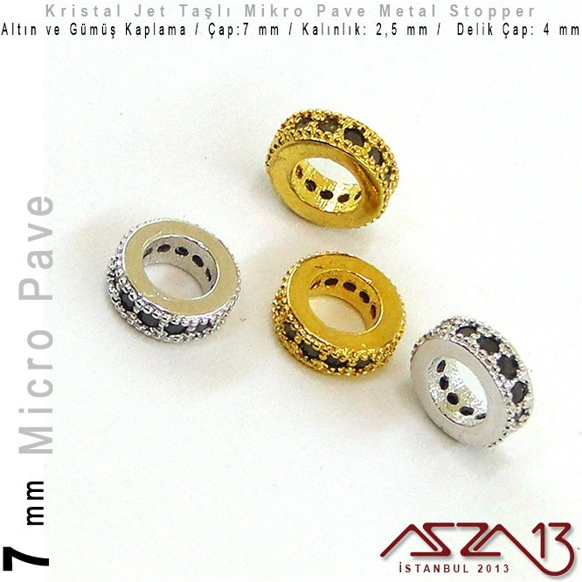 Altın / Gümüş Kaplama, Jet Kristal Taşlı 7 mm Micro Pave Stopper / Paket İçeriği 1 Adet