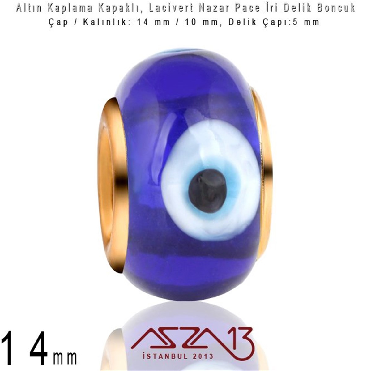 Altın Kaplama - Cam 14 mm - Lacivert - İri Delik Pave Boncuk / 1 Adet