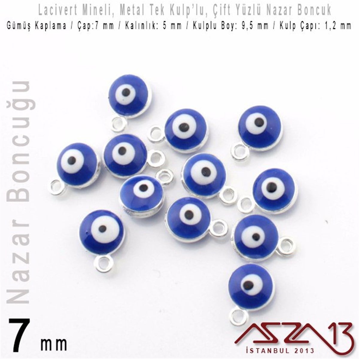 Gümüş Kaplamalı - Lacivert Mineli - Çift Yüzlü 7 mm - Tek Kulplu - Sallantı Malzeme / 2 Adet