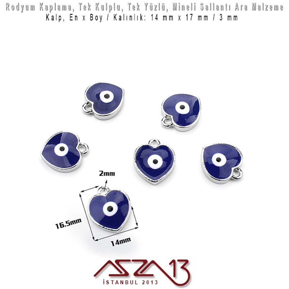 Rodyum Kaplamalı - 15x19 mm - Lacivert Mineli - Tek Yüzlü  - Tek Kulplu - Fil, Fatmanın Eli ve Kalp Sallantı Malzeme / 1 Adet