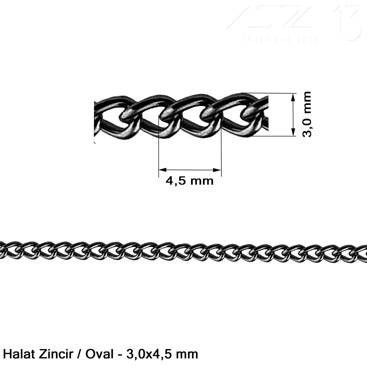 Zincir - Düz Halat Tip - Oval 3 mm - Siyah Mine Kaplama / 1 Metre