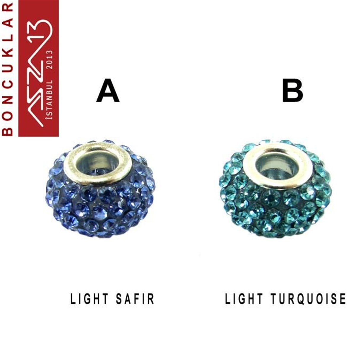 Light Safir ve Turquoise (Duman Mavi ve Turkuaz) 10x14 mm Kristal Taşlı Pave İri Delik Boncuk / Paket İçeriği 1 Adet