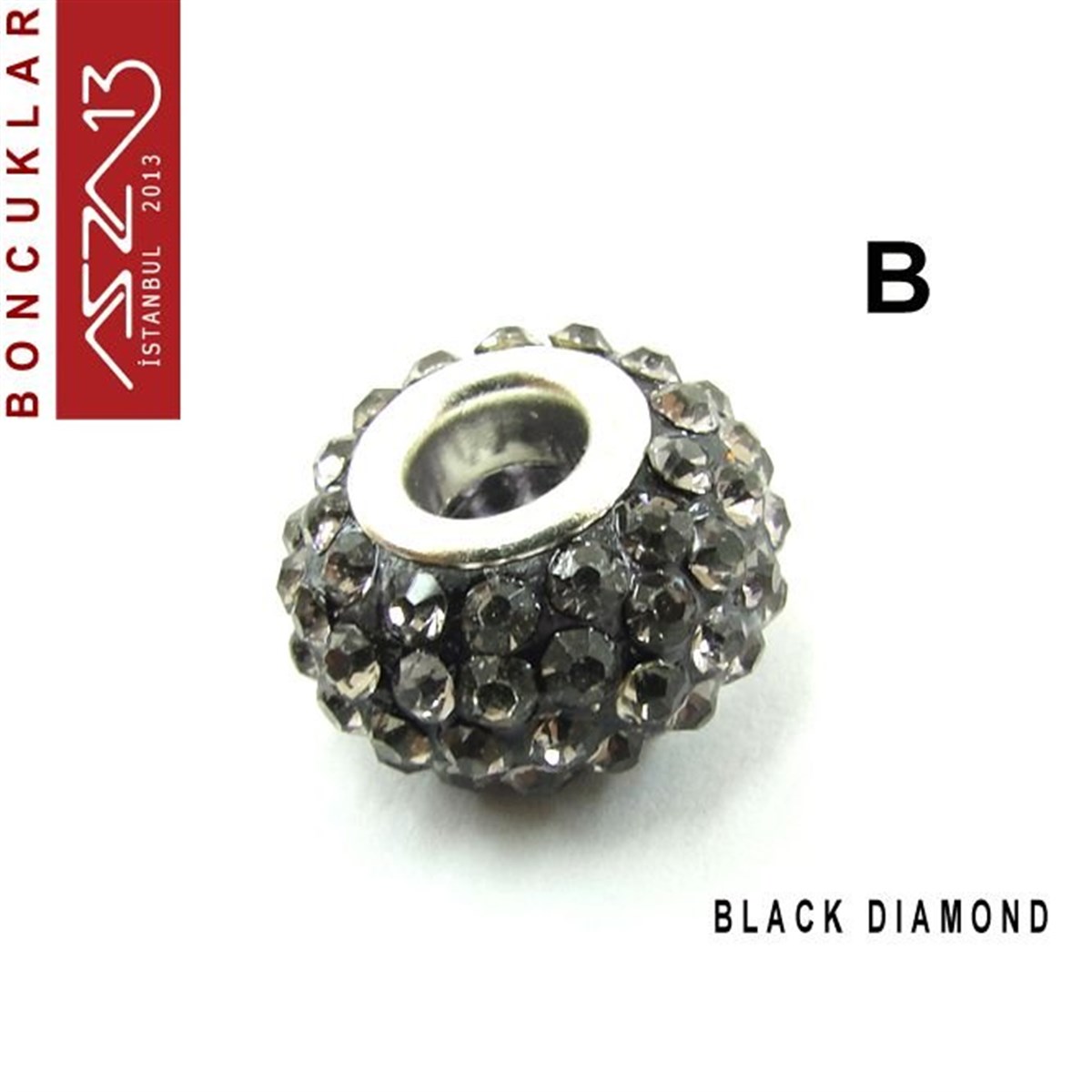 Jet ve Black Diamond (Siyah ve S. Elmas) 10x14 mm Kristal Taşlı Pave İri Delik Boncuk / Paket İçeriği 1 Adet