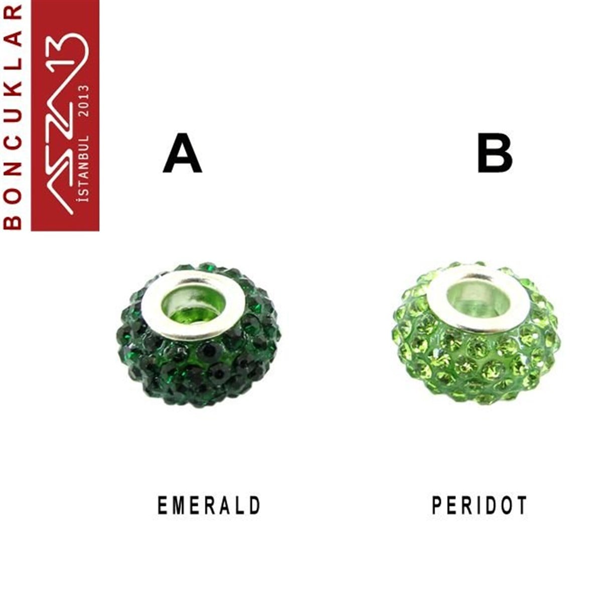 Emerald ve Peridot (K. Yeşil ve A. Yeşil) 10x14 mm Kristal Taşlı Pave İri Delik Boncuk / Paket İçeriği 1 Adet