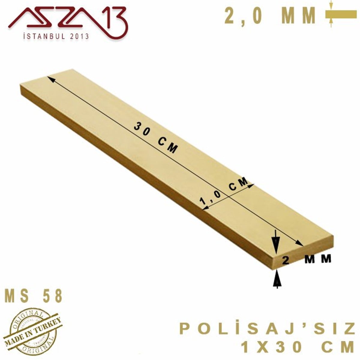 2.0 mm (2000 Mikron) - 1x30 cm - Pirinç Lama / 1 Adet