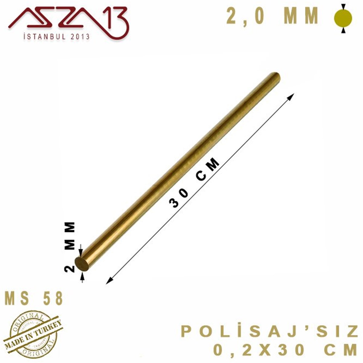 2.0 mm (2000 Mikron) - 30 cm - Pirinç Çubuk / 1 Adet