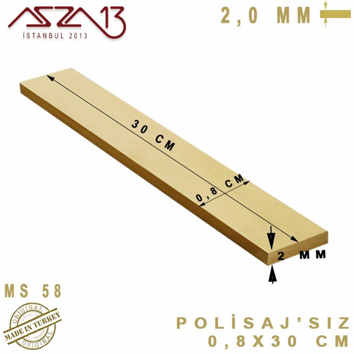2.0 mm (2000 Mikron) - 0,8x30 cm - Pirinç Lama / 1 Adet