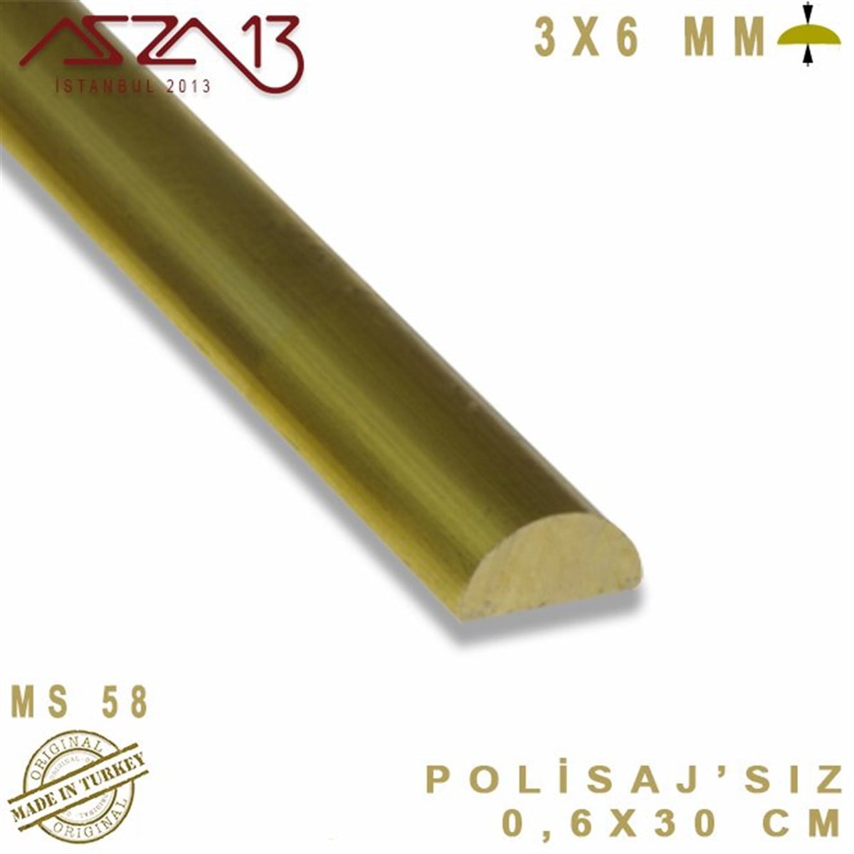 3.0 mm (3000 Mikron) - 0,6x30 cm - Pirinç Yarım Yuvarlak Çubuk / 1 Adet