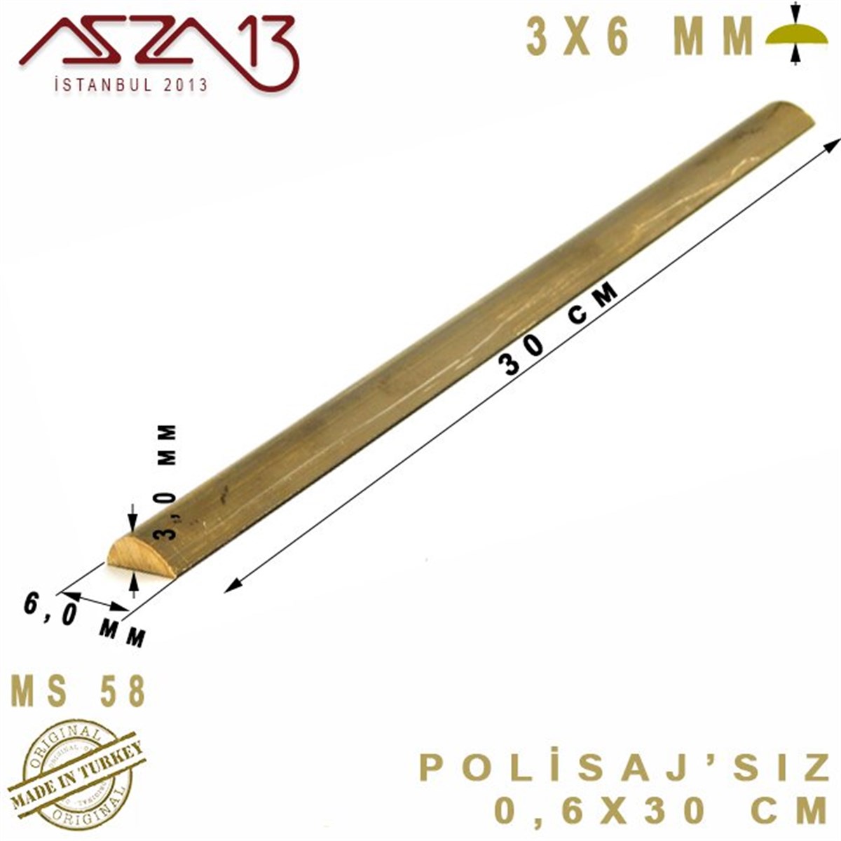 3.0 mm (3000 Mikron) - 0,6x30 cm - Pirinç Yarım Yuvarlak Çubuk / 1 Adet