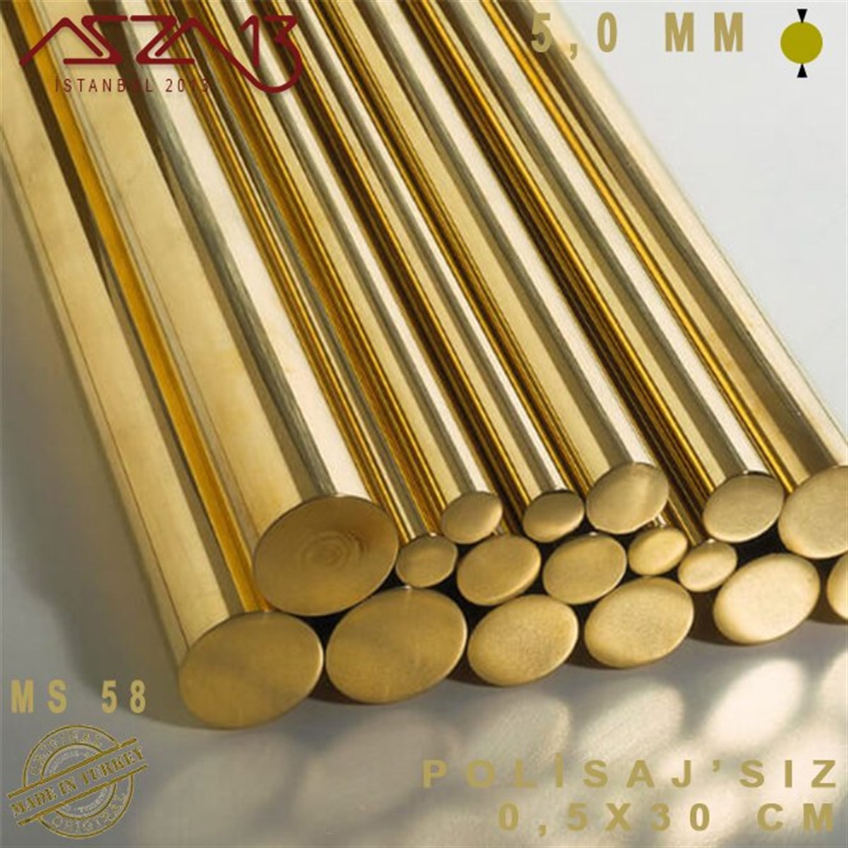 5.0 mm (5000 Mikron) - 30 cm - Pirinç Çubuk / 1 Adet