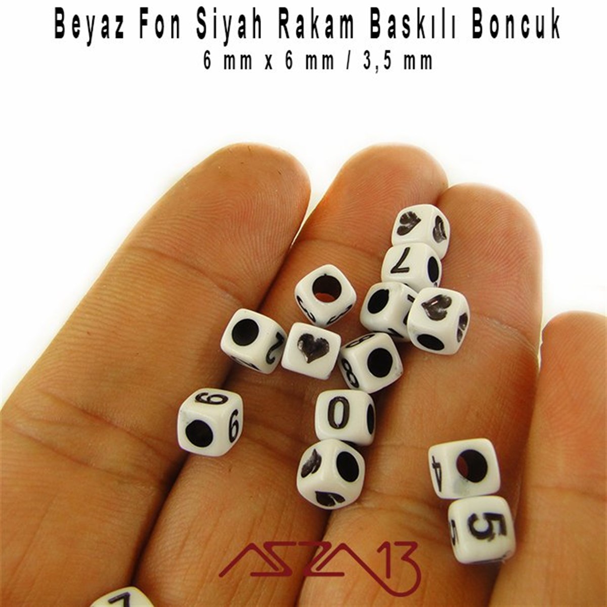 145 Adet 6 mm Beyaz Fon, Siyah Renk Rakamlı Küp Boncuk (25 Gr)