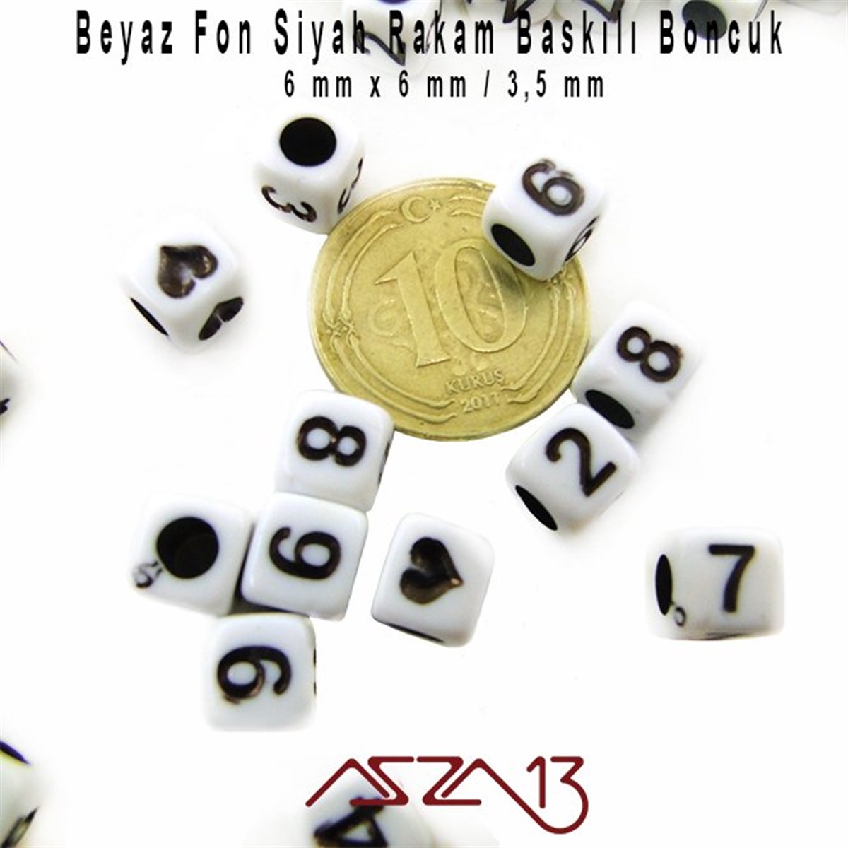 145 Adet 6 mm Beyaz Fon, Siyah Renk Rakamlı Küp Boncuk (25 Gr)