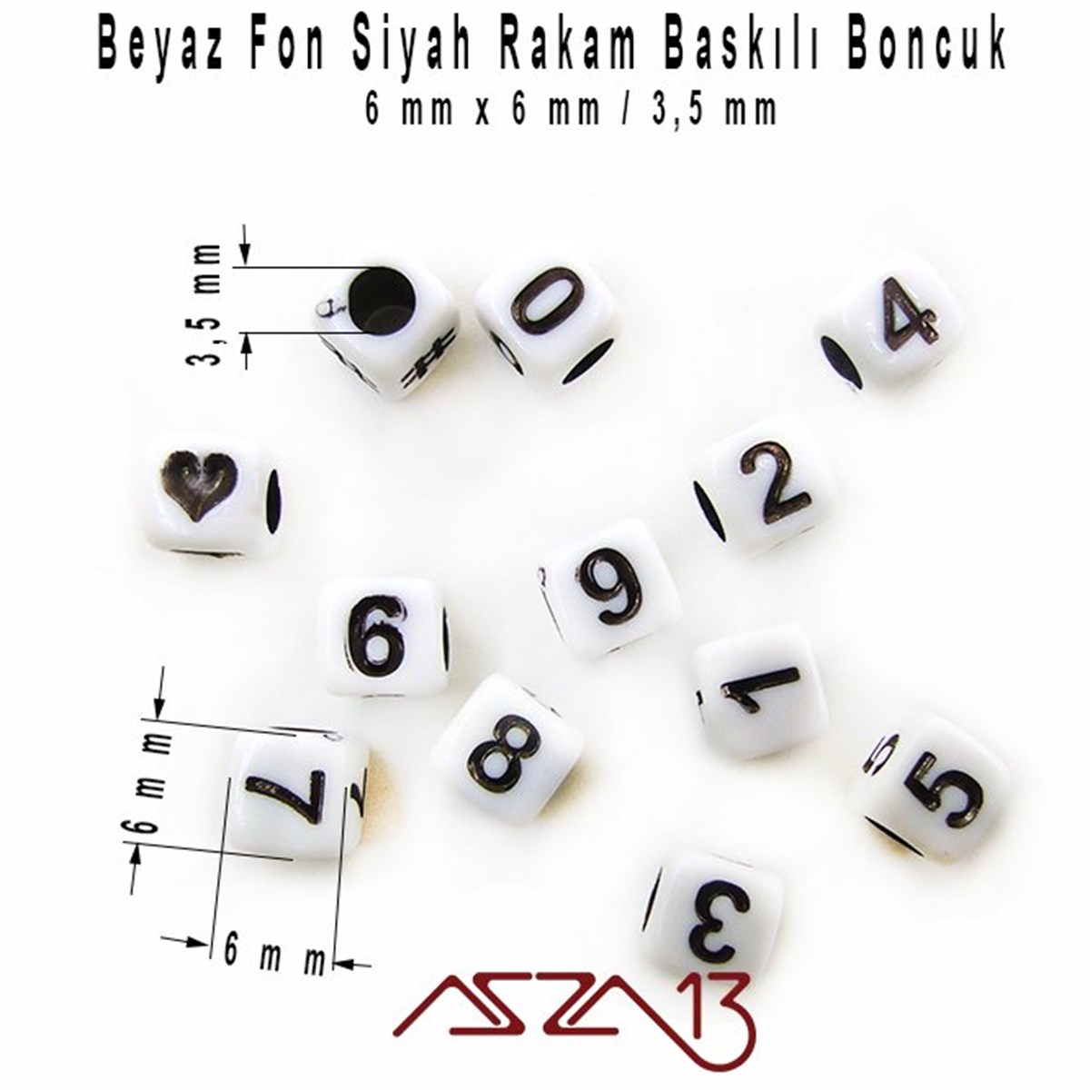 145 Adet 6 mm Beyaz Fon, Siyah Renk Rakamlı Küp Boncuk (25 Gr)